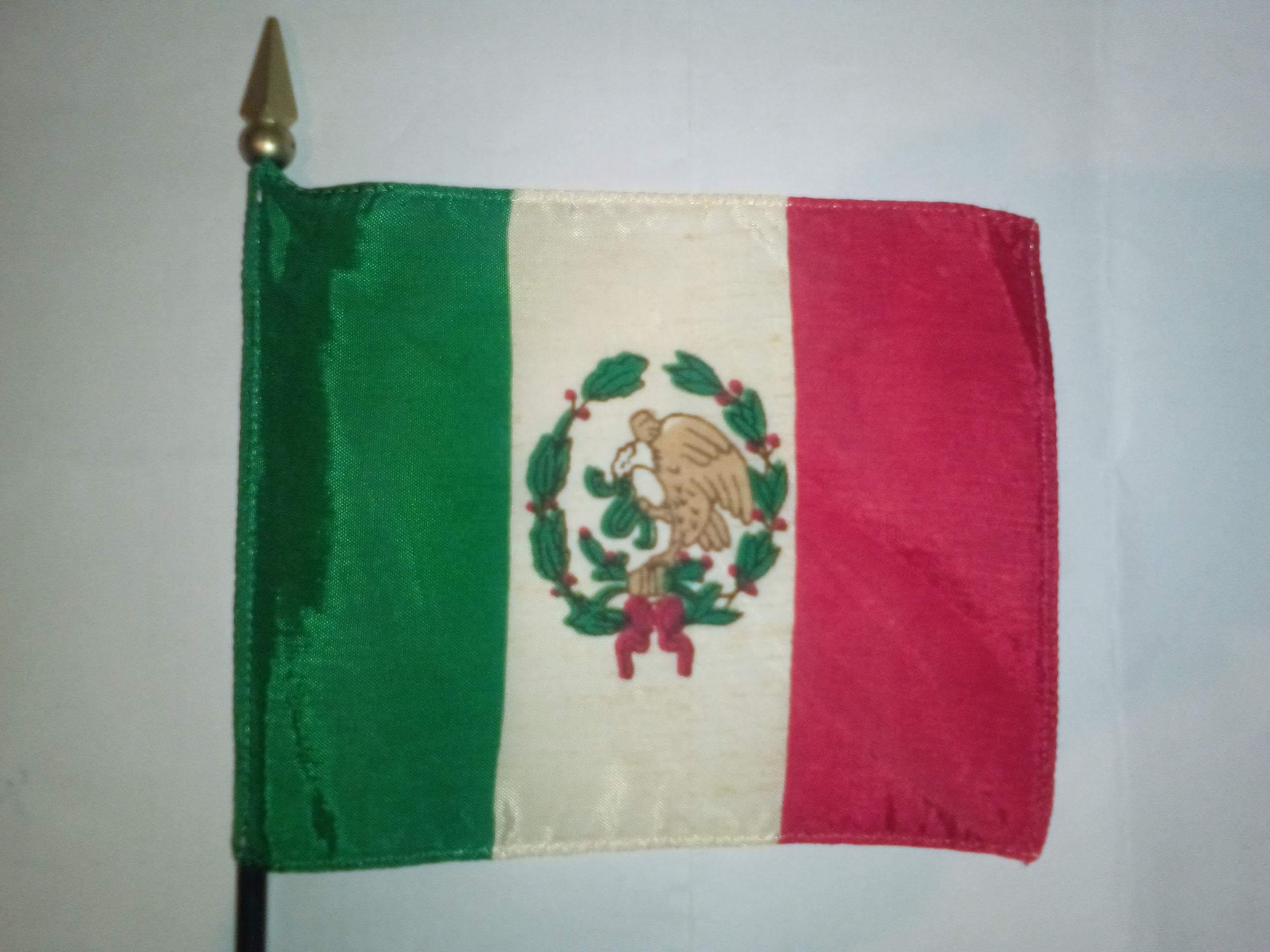 Vintage Miniature Flag of Mexico, 1934-1968 era model of coat of arms with extended cactuses